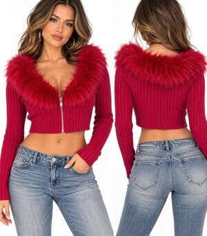 Red Faux Fur Trim Cropped Cardigan Sweater Y2K McBling Size L